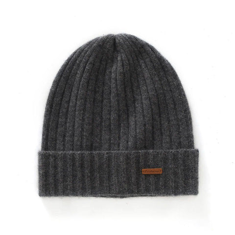 Unisex 100% Pure Cashmere Ribbed Knitted Beanie Cuffed Hat with Logo Patch