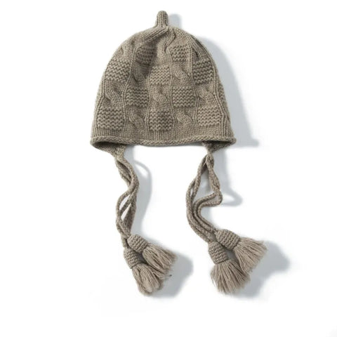 100% Cashmere Tassel Ties Knit Hat Earflap Windproof Ear Protection Beanie
