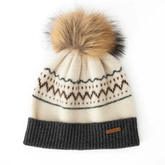 100% Cashmere Fair Isle Knit Beanie Hat with Fur Pom-Pom