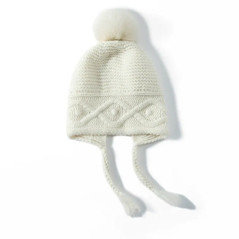 100% Cashmere Winter Knit Ear Protection Skull Cap with Pompom