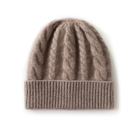 Warm Ribbed Classic Cable-Knit Pure Cashmere Beanie Hat