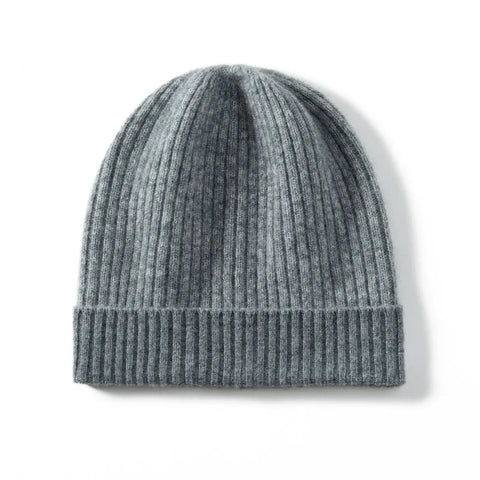 Two-Tone 100% Cashmere Ribbed Knit Cashmere Beanie Hat