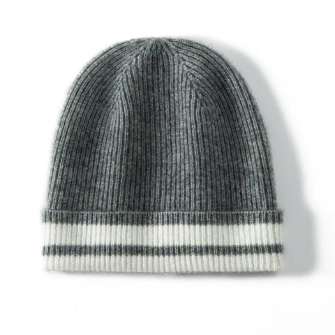 Ribbed Cashmere Beanie with Contrast Stripe Hem Hat Outdoor Knitted Cap