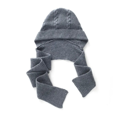 Cable-Knit Ribbed Cashmere Winter Hat with Wrap Scarf with Ties
