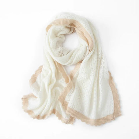 100% Cashmere Dual-Tone Lace-Knit Cashmere Scarf with Contrast Trim Wrap