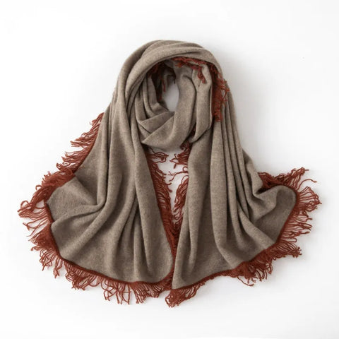 Soft Large Fringed Knitted Cashmere Shawl Warm Color-block Scarf