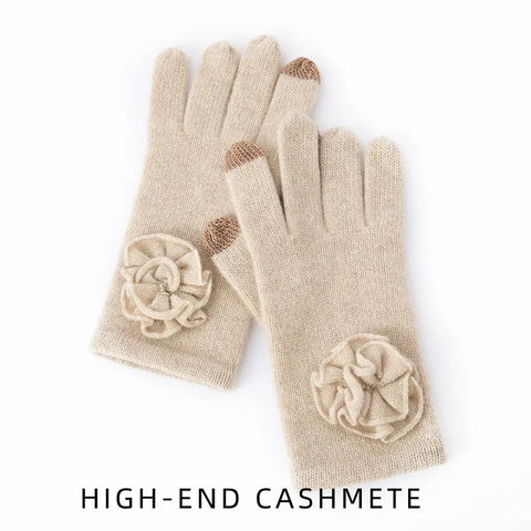 Women 100% Cashmere Knitted Gloves Full Fingers Mitten with Rose Crochet Flower
