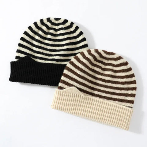 100% Cashmere Striped Thicken Knit Beanie Hat for Kids