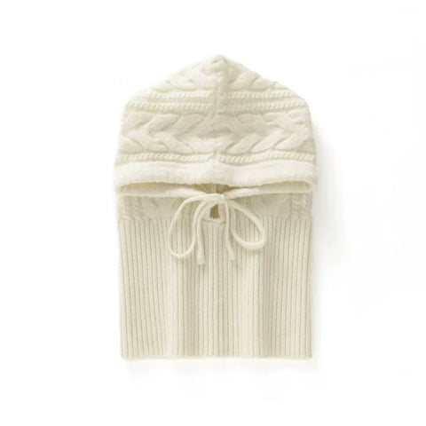 Warm Windproof Cable-Knit Pure Cashmere Ribbed Hood with Drawstrings