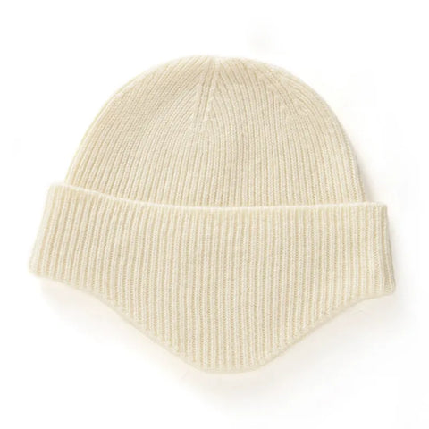 Extended Brim Winter Hat 100% Cashmere Ribbed Beanie