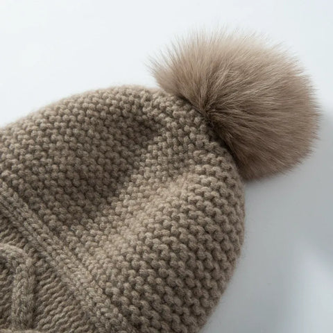 100% Cashmere Winter Knit Ear Protection Skull Cap with Pompom