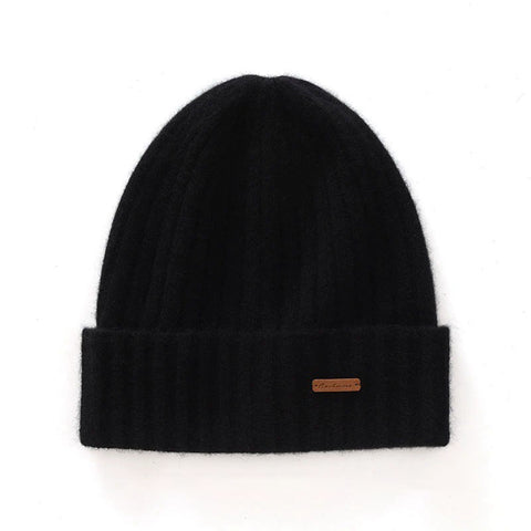 Unisex 100% Pure Cashmere Ribbed Knitted Beanie Cuffed Hat with Logo Patch