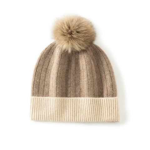 Winter Knitted Cashmere Ribbed Beanie with Faux Fur Pom Warm Hat Skull Cap