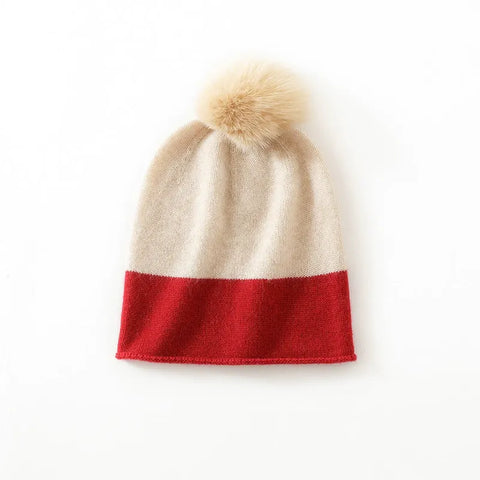 Two-Tone Ribbed Knit Cashmere Beanie with Fur Pom Pom