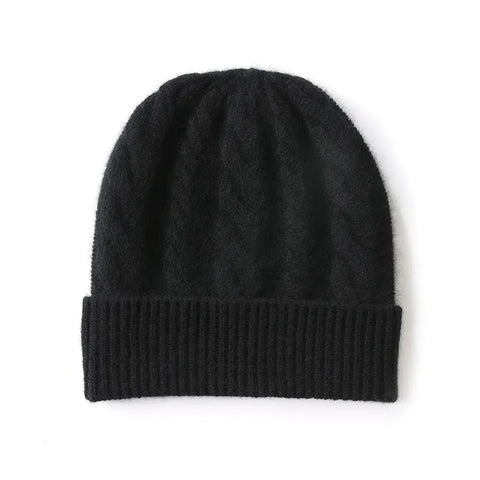 Warm Ribbed Classic Cable-Knit Pure Cashmere Beanie Hat