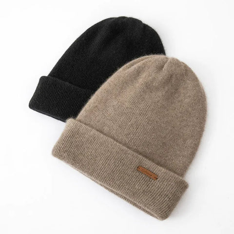 Classic Double-Layer Cashmere Beanie Knit Unisex Hat with Fold-Over Cuff