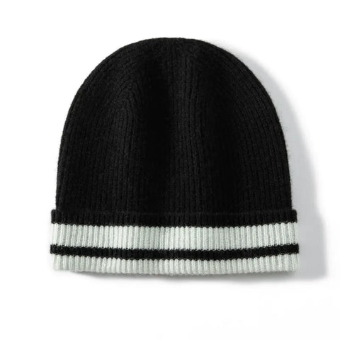 Ribbed Cashmere Beanie with Contrast Stripe Hem Hat Outdoor Knitted Cap