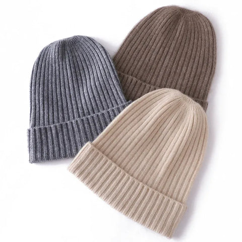 Classic Knit Winter 100% Cashmere Ribbed Beanie Hat for Women & Men