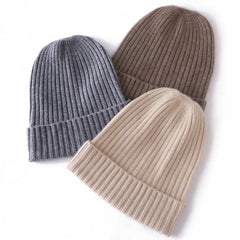 Classic Knit Winter 100% Cashmere Ribbed Beanie Hat