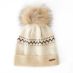 100% Cashmere Fair Isle Knit Beanie Hat with Fur Pom-Pom