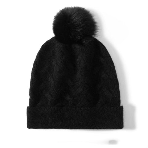 100% Cashmere Beanie Cable Knit Beanie Hat with Fur Pom Pom