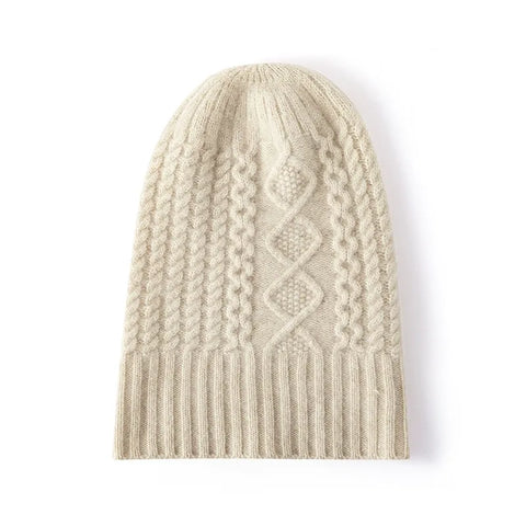 100% Pure Cashmere Hat Women Winter Knitted Twisted Flower Cap Beanies