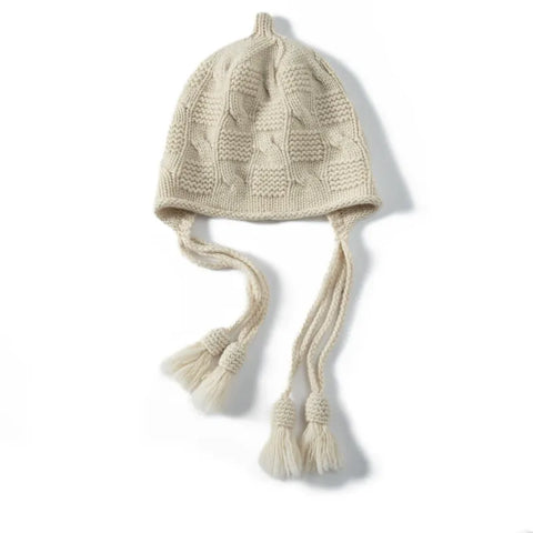 100% Cashmere Tassel Ties Knit Hat Earflap Windproof Ear Protection Beanie