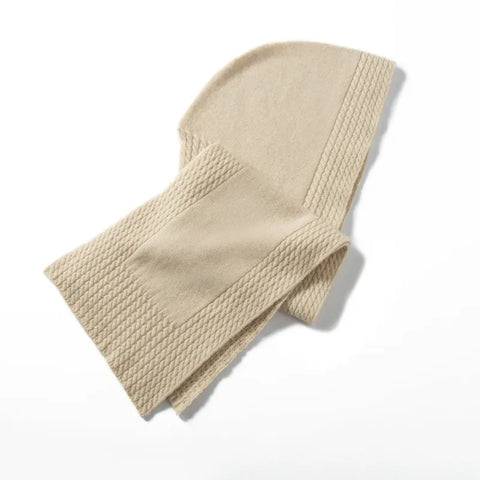 100% Cashmere Knit Luxury Hooded Scarf Wrap with Ribbed Trim Hat