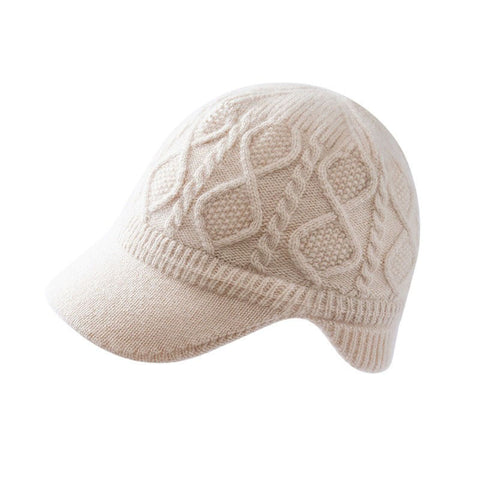 100% Cashmere Cable-Knit Baseball Cap with Visor Winter Beret