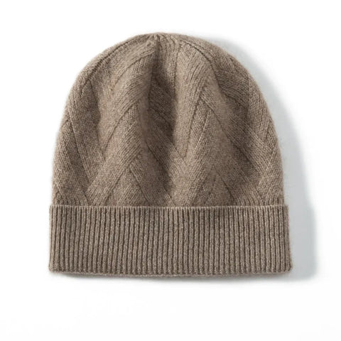 100% Cashmere Knitted Textured Chevron Rib Soft Beanie