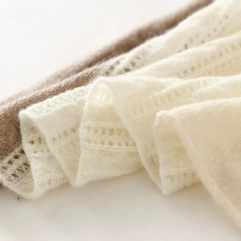 100% Pure Cashmere Colorblock Patchwork Jacquard Striped Soft Lace-Knit Scarf