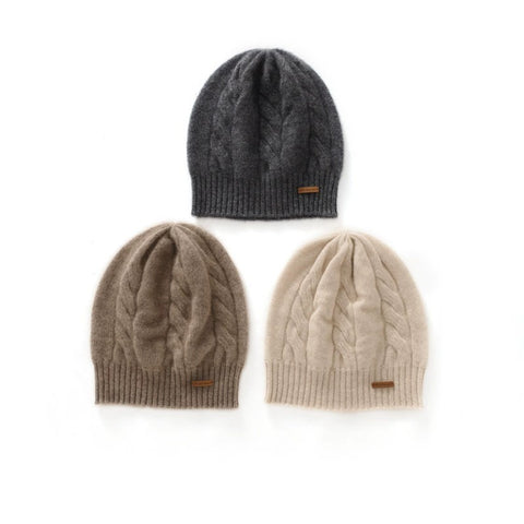Cable-Knit 100% Cashmere Soft Warm Beanie Hat Twisted Flower Cap