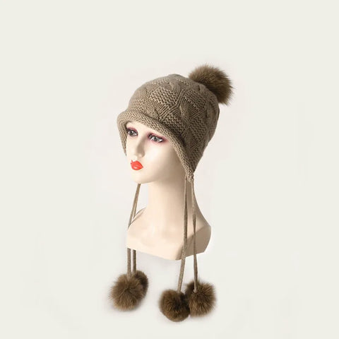 Women's Knitted Thickened Pom Pom Winter Cashmere Hat Trooper Style Ear Warmer