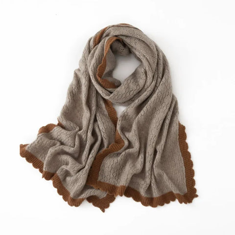 100% Cashmere Dual-Tone Lace-Knit Cashmere Scarf with Contrast Trim Wrap
