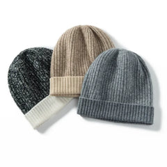 Two-Tone 100% Cashmere Ribbed Knit Cashmere Beanie Hat