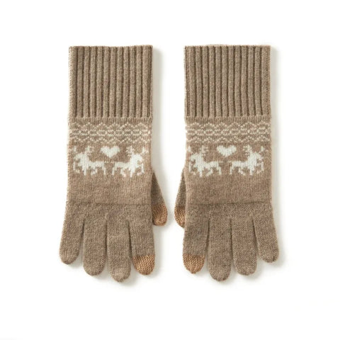Winter Cashmere Reindeer Pattern Touch Screen Soft Warm Stretch Knit Mittens Gloves