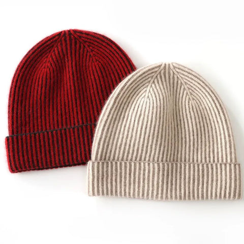 Unisex Ribbed Stripe Cashmere Cap Classic Foldover Striped Hat