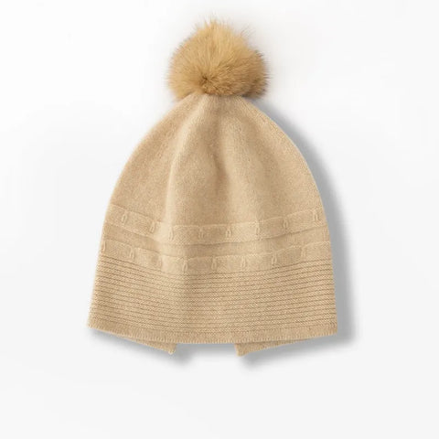 Winter Warm Knitted Hat 100% Cashmere Beanie with Fur Pom-Pom