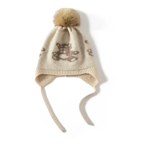 Kids’ 100% Cashmere Knitted Fur Pom-Pom Cap Soft Warm Earflap Beanies Bonnet