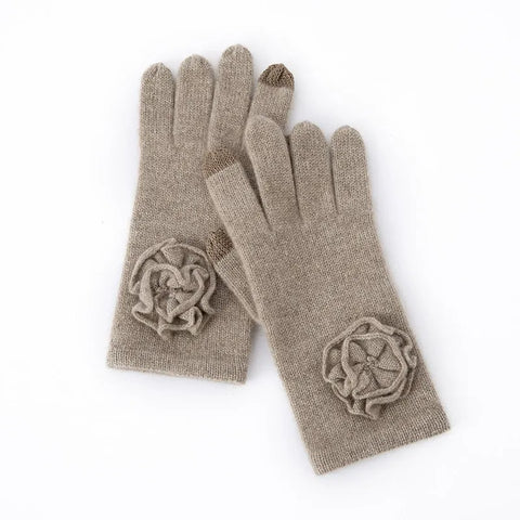 Women 100% Cashmere Knitted Gloves Full Fingers Mitten with Rose Crochet Flower