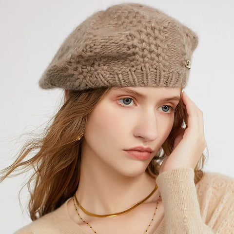 Pure Cashmere Knit Beret Hat Hand Crocheted Thick Yarn Soft Winter Beanie