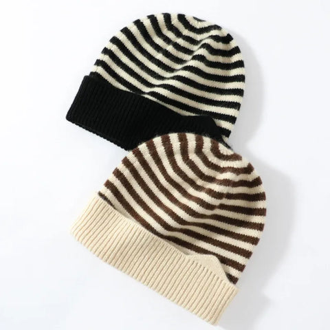 100% Cashmere Striped Thicken Knit Beanie Hat for Kids