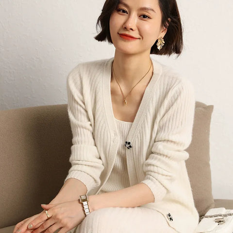 Ribbed V-Neck Slim Striped Ladies Knit Sweater Cashmere Wool Cardigan
