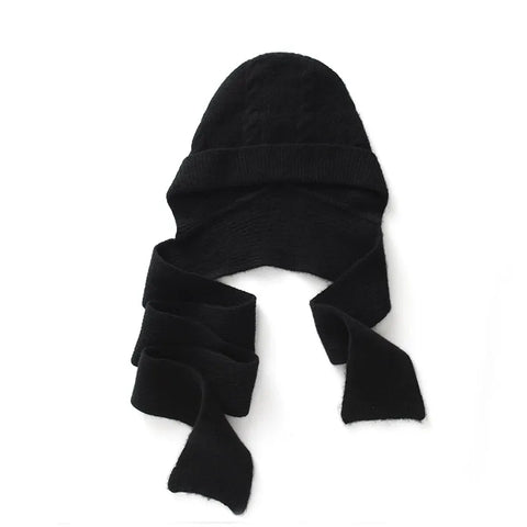Cable-Knit Ribbed Cashmere Winter Hat with Wrap Scarf with Ties