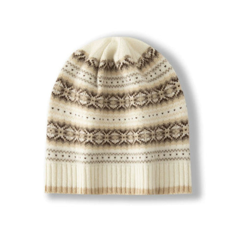 Fair Isle Inspired Pattern 100% Cashmere Beanie Knit Hat Unisex