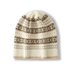 Fair Isle Inspired Pattern 100% Cashmere Beanie Knit Hat Unisex