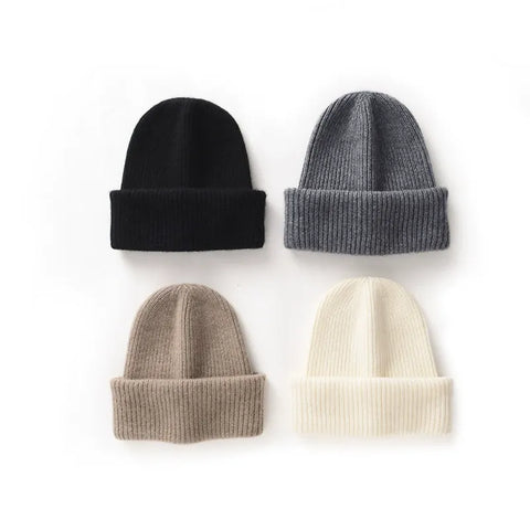 Double-Layer Thickened Cap Warm Knitted Ribbed Pure Cashmere Beanie Hat