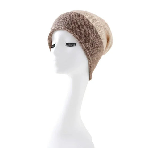 Two-Tone Ribbed Knit Cashmere Beanie with Fur Pom Pom