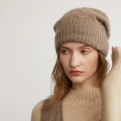 100% Cashmere Slouchy Ribbed Beanie Bonnet Hat Warm Knit Caps Skullies