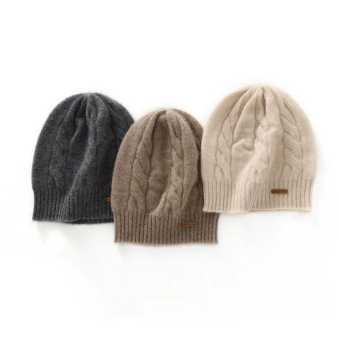 Cable-Knit 100% Cashmere Soft Warm Beanie Hat Twisted Flower Cap